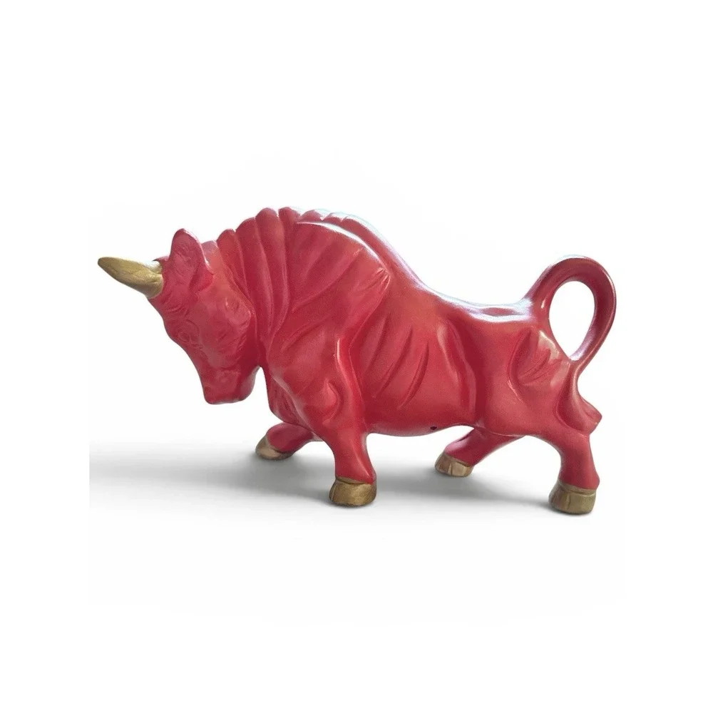 Vintage 1960s Red Ceramic Bull Figurine Mid Century Modern Gold Accents